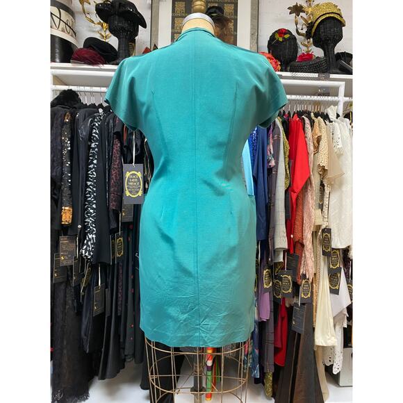 vintage 1980s Ted Lapidus emerald green faille double breasted dress med 80s 31 - Picture 9 of 12